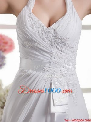 Halter Top White Lace Up Wedding Gown Lace and Appliques and Ruching and Bowknot Sleeveless