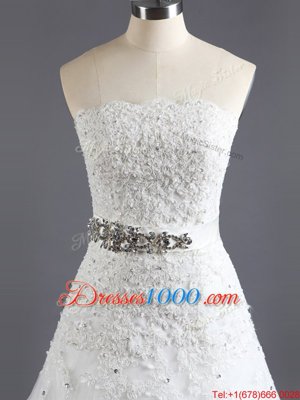 Sexy With Train White Wedding Gown Lace Court Train Sleeveless Beading and Lace