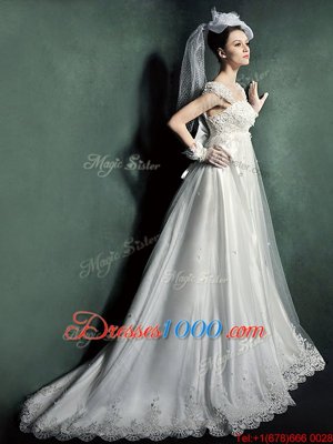 White Cap Sleeves Beading and Lace and Appliques Lace Up Wedding Gowns