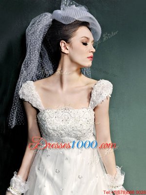 White Cap Sleeves Beading and Lace and Appliques Lace Up Wedding Gowns