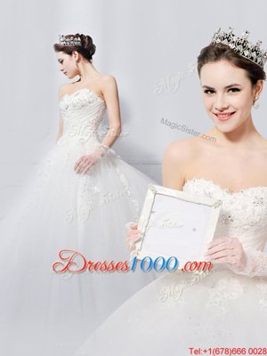 Exceptional White Sweetheart Lace Up Beading and Appliques Wedding Gowns Brush Train Sleeveless