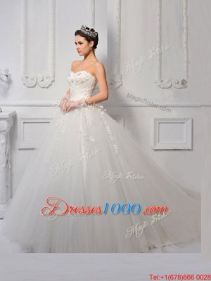 Exceptional White Sweetheart Lace Up Beading and Appliques Wedding Gowns Brush Train Sleeveless