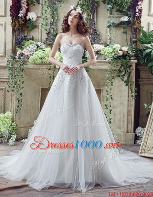 Modest White Tulle and Lace Lace Up Wedding Dress Sleeveless Court Train Beading and Lace and Appliques
