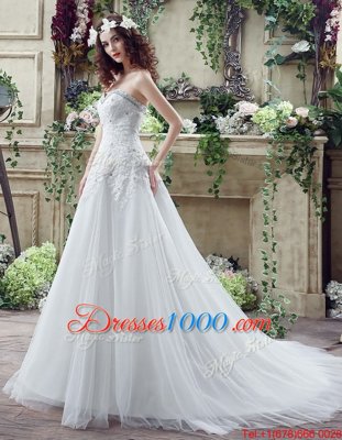 Modest White Tulle and Lace Lace Up Wedding Dress Sleeveless Court Train Beading and Lace and Appliques