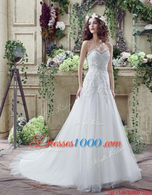 Modest White Tulle and Lace Lace Up Wedding Dress Sleeveless Court Train Beading and Lace and Appliques