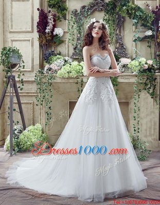 Modest White Tulle and Lace Lace Up Wedding Dress Sleeveless Court Train Beading and Lace and Appliques