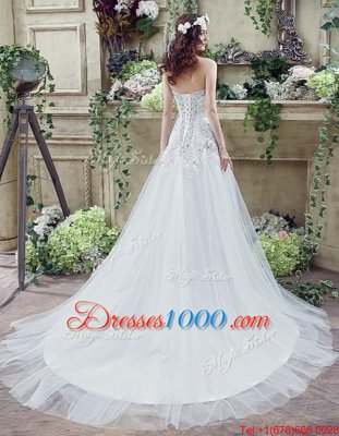 Modest White Tulle and Lace Lace Up Wedding Dress Sleeveless Court Train Beading and Lace and Appliques