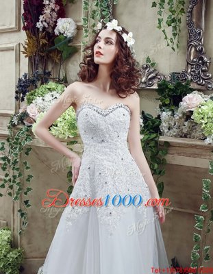 Modest White Tulle and Lace Lace Up Wedding Dress Sleeveless Court Train Beading and Lace and Appliques