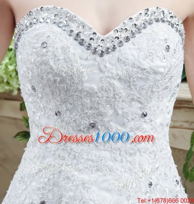 Modest White Tulle and Lace Lace Up Wedding Dress Sleeveless Court Train Beading and Lace and Appliques