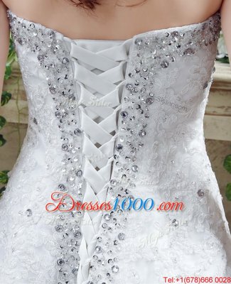 Modest White Tulle and Lace Lace Up Wedding Dress Sleeveless Court Train Beading and Lace and Appliques