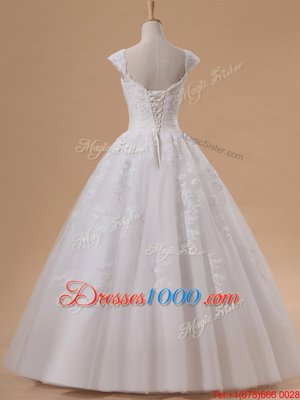 Pretty Cap Sleeves Tulle Floor Length Lace Up Wedding Dresses in White for with Lace and Appliques and Sequins