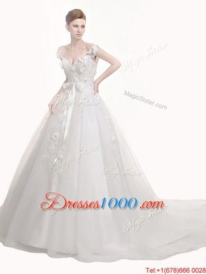 White A-line V-neck Sleeveless Tulle With Train Chapel Train Lace Up Appliques and Sashes|ribbons Wedding Dresses