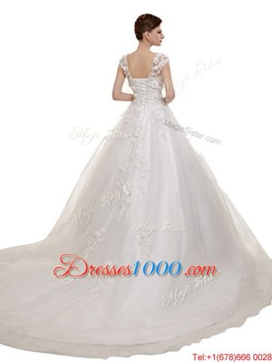 White A-line V-neck Sleeveless Tulle With Train Chapel Train Lace Up Appliques and Sashes|ribbons Wedding Dresses