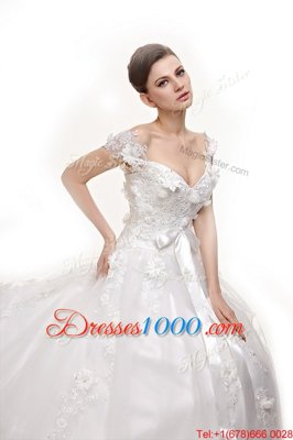 White A-line V-neck Sleeveless Tulle With Train Chapel Train Lace Up Appliques and Sashes|ribbons Wedding Dresses