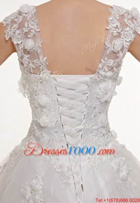 White A-line V-neck Sleeveless Tulle With Train Chapel Train Lace Up Appliques and Sashes|ribbons Wedding Dresses