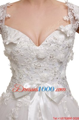 White A-line V-neck Sleeveless Tulle With Train Chapel Train Lace Up Appliques and Sashes|ribbons Wedding Dresses