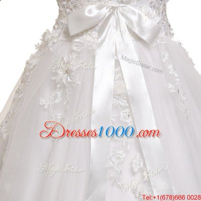 White A-line V-neck Sleeveless Tulle With Train Chapel Train Lace Up Appliques and Sashes|ribbons Wedding Dresses