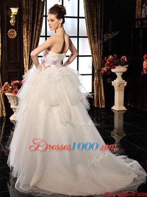 Fitting A-line Wedding Gowns White Strapless Tulle Sleeveless Lace Up