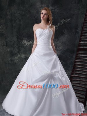 Simple One Shoulder Sleeveless Taffeta Wedding Dresses Beading and Pick Ups Brush Train Lace Up