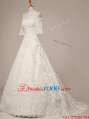 Popular Scalloped Half Sleeves Wedding Gowns Sweep Train Lace White Lace