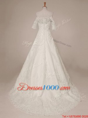 Popular Scalloped Half Sleeves Wedding Gowns Sweep Train Lace White Lace