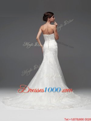 Dramatic White Lace Up Wedding Dress Lace Sleeveless With Brush Train