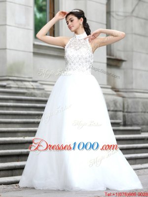 Glorious White Sleeveless Lace Floor Length Wedding Gown