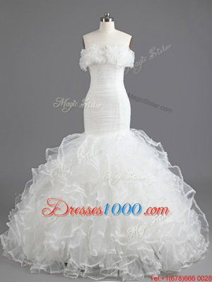 Mermaid White Sleeveless With Train Ruffles Lace Up Wedding Gown