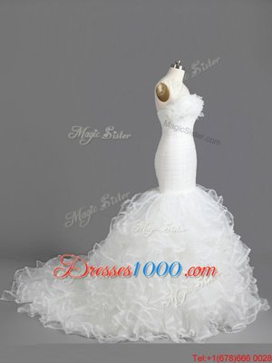 Mermaid White Sleeveless With Train Ruffles Lace Up Wedding Gown