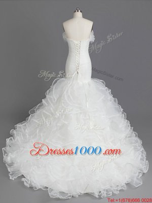 Mermaid White Sleeveless With Train Ruffles Lace Up Wedding Gown