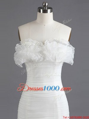 Mermaid White Sleeveless With Train Ruffles Lace Up Wedding Gown