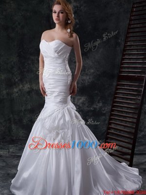 Custom Made Mermaid Sweetheart Sleeveless Taffeta Wedding Dress Ruching and Pick Ups and Hand Made Flower Brush Train Lace Up