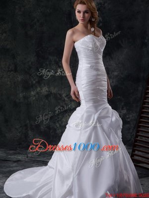 Custom Made Mermaid Sweetheart Sleeveless Taffeta Wedding Dress Ruching and Pick Ups and Hand Made Flower Brush Train Lace Up