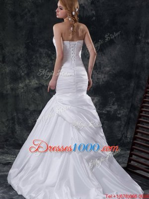 Custom Made Mermaid Sweetheart Sleeveless Taffeta Wedding Dress Ruching and Pick Ups and Hand Made Flower Brush Train Lace Up