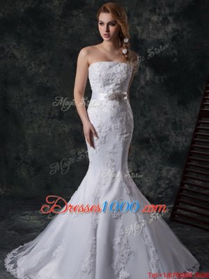 New Style Mermaid Wedding Dress White Strapless Lace Sleeveless Lace Up