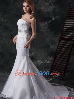 New Style Mermaid Wedding Dress White Strapless Lace Sleeveless Lace Up