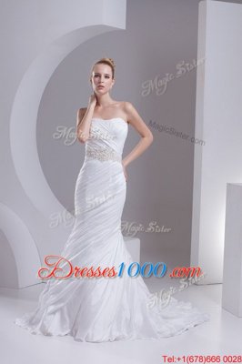 Spectacular Mermaid Beading and Appliques and Ruching Wedding Gowns White Lace Up Sleeveless Brush Train