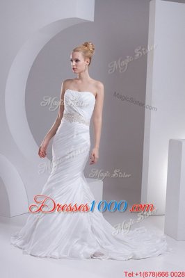 Spectacular Mermaid Beading and Appliques and Ruching Wedding Gowns White Lace Up Sleeveless Brush Train