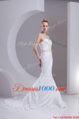 Spectacular Mermaid Beading and Appliques and Ruching Wedding Gowns White Lace Up Sleeveless Brush Train