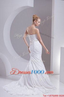 Spectacular Mermaid Beading and Appliques and Ruching Wedding Gowns White Lace Up Sleeveless Brush Train