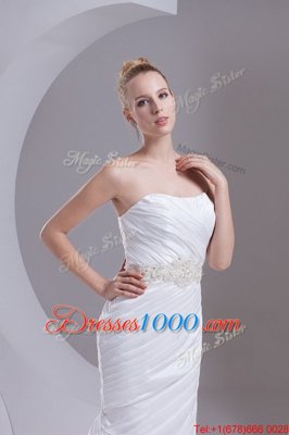 Spectacular Mermaid Beading and Appliques and Ruching Wedding Gowns White Lace Up Sleeveless Brush Train