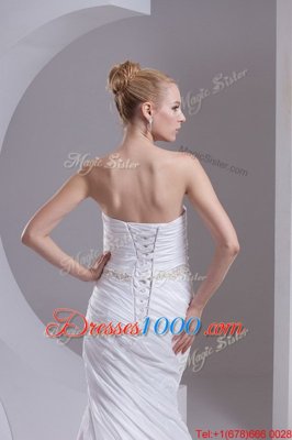 Spectacular Mermaid Beading and Appliques and Ruching Wedding Gowns White Lace Up Sleeveless Brush Train