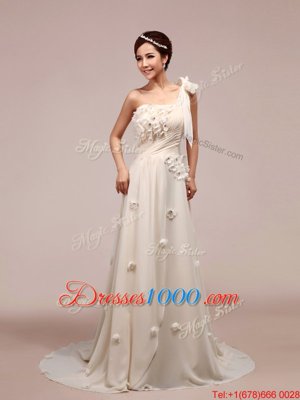 Shining White One Shoulder Lace Up Ruching and Hand Made Flower Bridal Gown Brush Train Sleeveless