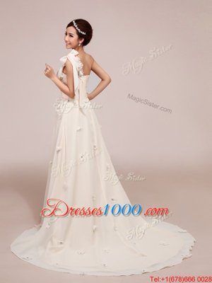 Shining White One Shoulder Lace Up Ruching and Hand Made Flower Bridal Gown Brush Train Sleeveless