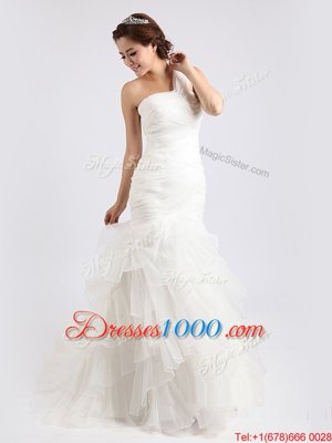 Deluxe Mermaid White One Shoulder Zipper Ruffled Layers Wedding Dresses Brush Train Sleeveless