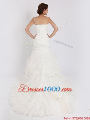 Deluxe Mermaid White One Shoulder Zipper Ruffled Layers Wedding Dresses Brush Train Sleeveless