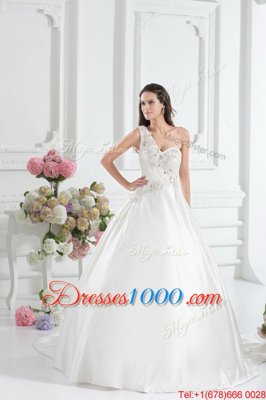 One Shoulder White Sleeveless With Train Beading and Appliques and Hand Made Flower Lace Up Wedding Dresses