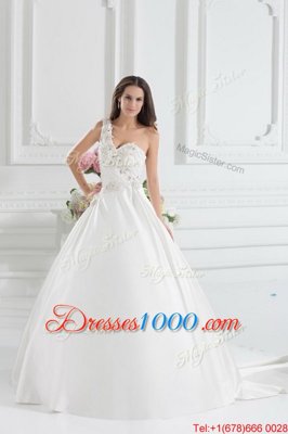 One Shoulder White Sleeveless With Train Beading and Appliques and Hand Made Flower Lace Up Wedding Dresses