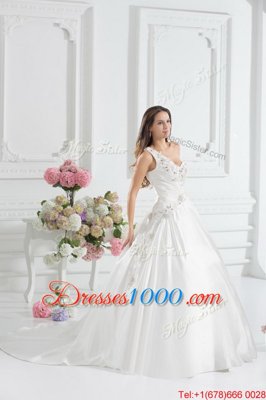 One Shoulder White Sleeveless With Train Beading and Appliques and Hand Made Flower Lace Up Wedding Dresses