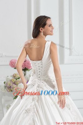 One Shoulder White Sleeveless With Train Beading and Appliques and Hand Made Flower Lace Up Wedding Dresses